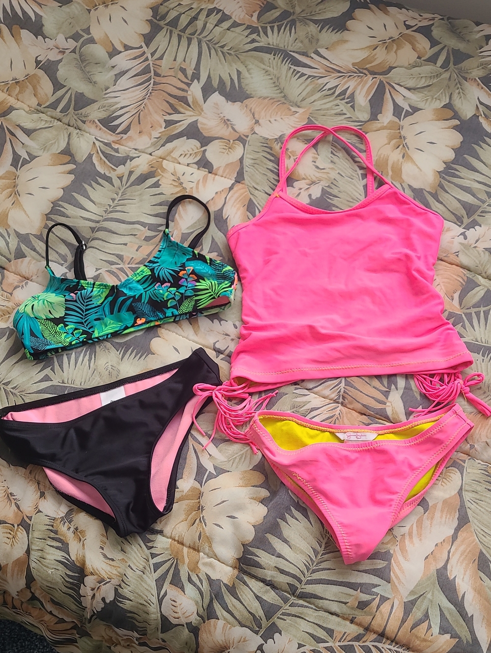 Kids Neon Pink Tankini Top and Bikini Bottom Set - Pink